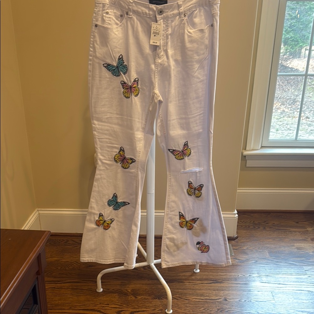 White Jeans with Colorful Butterfly Embroidery